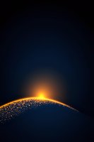 Glowing golden particles forming an illuminated arc against dark blue background, creating magical light trail effect with sparkling dust elements.