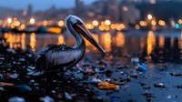 Pelican standing on rocky shore at dusk with city lights reflecting in water, creating moody atmosphere. Urban wildlife scene captures tranquil waterfront moment.