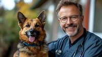 Smiling mature male veterinarian with gray beard and glasses posing with German Shepherd dog at veterinary clinic. Professional healthcare portrait with stethoscope.
