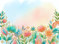 Colorful floral border with hand-drawn flowers, leaves, and rainbow elements on soft pastel watercolor background. Isolated design element for greeting cards, invitations, and decorative projects.