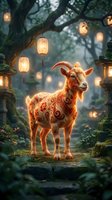 Ornate golden goat with intricate patterns standing in mystical forest with glowing lanterns creating magical atmosphere for fantasy storytelling and folklore.