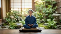 Senior woman with gray hair and East Asian ethnicity practicing meditation in lotus position on mat, wearing blue traditional clothing in serene garden setting with lush greenery and natural light.