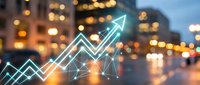 Digital growth chart with glowing neon arrows trending upward over blurred city lights at dusk, representing business success and financial progress.