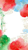 Watercolor Asian frame with golden bamboo, clouds and floral elements on white background for traditional design projects and cultural celebrations.