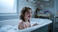 Happy young girl with curly hair laughing while playing with soap bubbles in white bathtub during bath time in bright bathroom with natural window light.