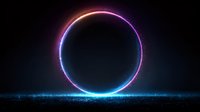 Glowing neon circle with colorful light ring against dark background, floating above illuminated particles for futuristic digital design projects.