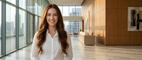 Confident young Caucasian businesswoman with long brown hair smiling in a modern corporate office lobby with large windows.