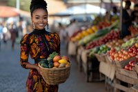 Young African American woman holding basket of fresh vegetables at outdoor farmers market with colorful produce displays in background.