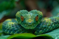 Green pit viper snake close up portrait showing detailed scales, eyes and head against blurred natural background. Dangerous venomous reptile macro photography.