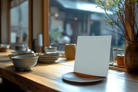 Empty white card on wooden table in cafe setting with ceramic bowls and natural decor, soft bokeh background creates atmospheric dining ambiance.