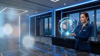 Young Asian businesswoman in blue suit holding glowing holographic globe in futuristic office, symbolizing global technology and innovation.