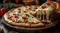 Hot melted mozzarella cheese stretching from fresh baked pizza with cherry tomatoes and herbs on rustic wooden board, close up view in dark moody setting.