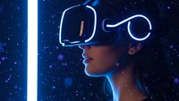 Young woman wearing virtual reality headset exploring digital space with glowing blue light effects and starry cosmic background for technology concepts.