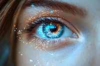 Glowing blue eye with digital elements and sparkles in macro photography, featuring long eyelashes and detailed iris texture in futuristic style.
