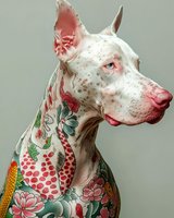 White dog with pink nose and ears covered in colorful floral tattoo designs including roses, berries, and botanical patterns. Contemporary art concept for creative projects.