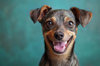 Adorable miniature pinscher dog with happy expression and bright eyes against turquoise background, showing playful smile and perked ears. Perfect for pet care.