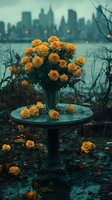 Yellow roses in crystal vase on vintage garden table against blurred city skyline at dusk, moody atmospheric composition with scattered petals and bokeh lights.