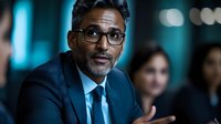 Middle-aged South Asian businessman with glasses and gray hair in navy suit gestures during corporate meeting, expressing confidence and leadership in office setting.