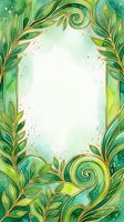 Ornamental leafy frame with swirling botanical elements and gold accents on watercolor green background, isolated on white space for greeting cards, invitations, and design projects.