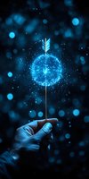 Glowing magical arrow with luminous blue sphere emitting sparkles and light particles held by hand against dark background with bokeh effects.