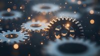 Metallic gears and cogs mechanism with glowing orange bokeh lights in dark background, symbolizing business process automation and technological advancement.