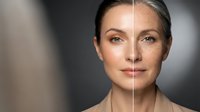 Middle-aged woman face split showing aging process from young to mature skin for skincare and anti-aging treatment concepts.