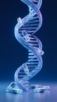 DNA double helix structure with medicine capsules representing genetic therapy and pharmaceutical research on blue background.