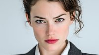 Professional young Caucasian businesswoman with red lipstick and messy updo hairstyle looking confidently at camera against white background for corporate branding.
