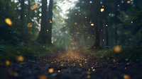 Magical forest path with glowing golden particles floating in misty morning light, dark tree silhouettes and fallen autumn leaves creating ethereal woodland atmosphere.
