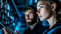 Young Caucasian professionals working in dark server room with blue light, focused on mobile devices. Female and bearded male IT specialists monitoring data center.