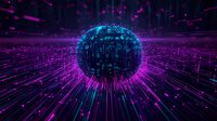 Digital sphere with binary code and purple neon light rays creating futuristic cyber technology background for presentations and web design projects.