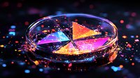 Glowing pie chart segments in petri dish with colorful neon lights and bokeh effect on dark background, business analytics and data visualization concept.