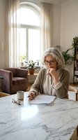 Senior Caucasian woman with gray hair and glasses reading documents at marble table in bright living room with plants and large arched window.