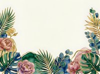 Watercolor tropical floral border with gold palm leaves, monstera, peonies, and eucalyptus on cream background for wedding or invitation design.