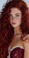 Young woman with vibrant red curly hair, blue eyes and natural freckles wearing burgundy lace top, looking at camera with gentle expression. Portrait on light background.