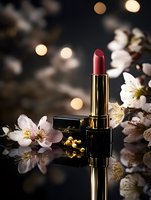 Luxury red lipstick with spring cherry blossoms on dark reflective surface, soft bokeh lights creating romantic atmosphere for cosmetic advertising and beauty content.