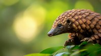 Pangolin close-up portrait showing detailed scales and distinctive snout against blurred green natural background. Wildlife conservation and endangered species awareness.