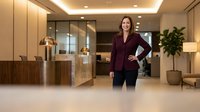 Professional businesswoman standing confidently in modern corporate office lobby with elegant reception desk and contemporary interior design.