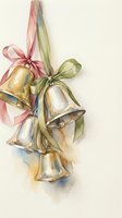 Watercolor golden bells with pink and green ribbons hanging together, festive holiday decoration for Christmas and New Year celebrations on white background.