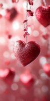 Red glittery heart decoration hanging on string with small heart ornaments against soft bokeh background in pink and red tones for Valentine's Day designs.