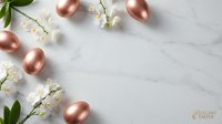 Rose gold Easter eggs with white spring flowers on marble background for holiday greeting cards and seasonal decorations.