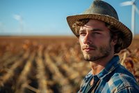 Young Caucasian male farmer in straw hat and plaid shirt looking at sunset in cornfield with wind turbines. Agricultural worker portrait showing connection to land.