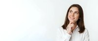 Young professional woman in white shirt thinking with hand on chin, smiling and looking up thoughtfully on white background for business concepts.
