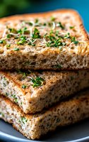 Fresh toasted whole grain bread slices stacked with microgreens and sprouts on top, close-up macro shot showing detailed texture of bread and garnish.
