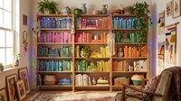 Cozy home library with colorful books organized by rainbow spectrum on wooden shelves, featuring plants and warm lighting in reading nook interior.