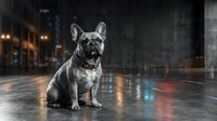 French bulldog sitting on wet urban street at night with neon reflections, suitable for pet, lifestyle, and urban photography projects.