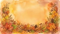 Watercolor autumn border with colorful fall leaves, berries, and pine cones on warm orange background, perfect for seasonal greeting cards.