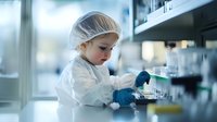 Young child in protective workwear and hairnet working with laboratory equipment and test tubes in modern research facility, focused on scientific experiment.