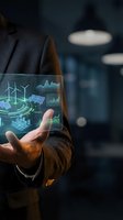 Businessman holding holographic display showing renewable energy data with wind turbines and solar panels in modern office environment.