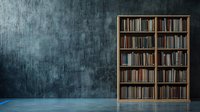 Vintage wooden bookshelf filled with old books against dark textured wall with blue floor creates moody atmospheric library scene for literature concepts.